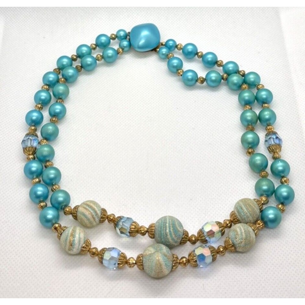 Vintage Aqua Blue Green‎ Plastic Bead 2 Strand Tiered 16'' Necklace 1960s Retro